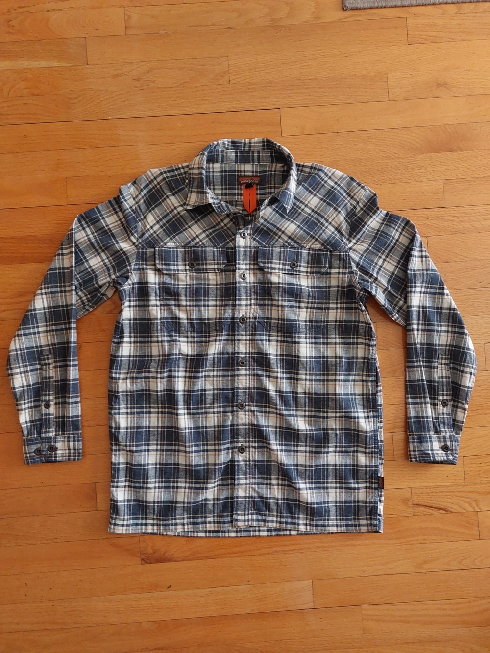 Patagonia Navy and White Plaid Casual Button-Down Shirt